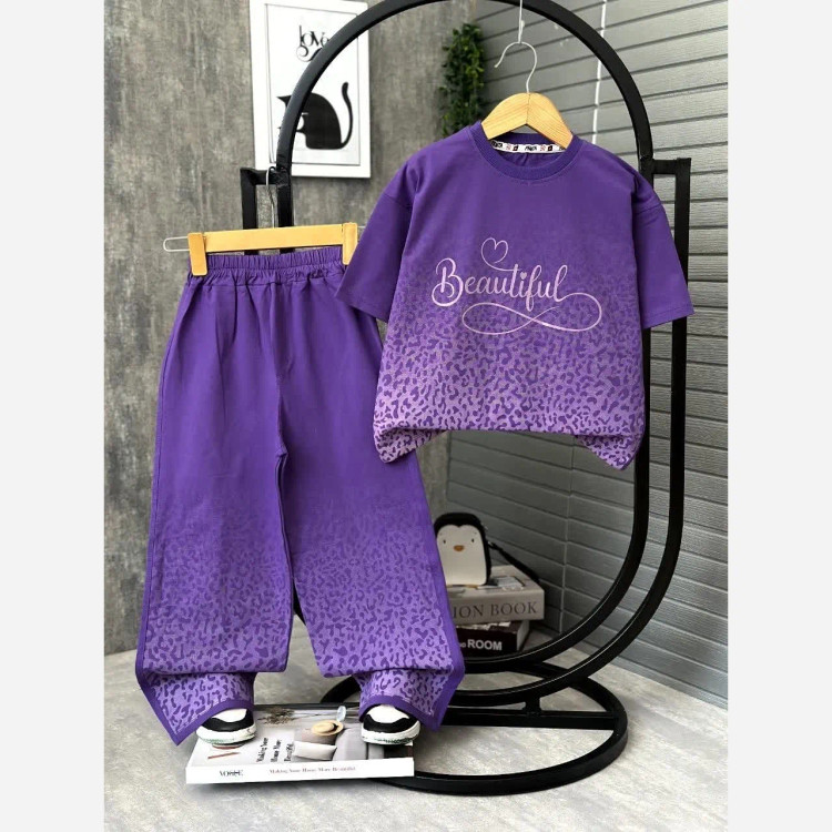 ست تیشرت و شلوار دخترانه نخ پنبه لاکرادار مناسب 5 تا 15 سال رنگ بنفش نسکافه ای