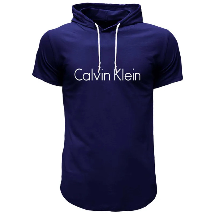تیشرت کلاه دار مردانه جین نخی آستین کوتاه سرمه ای