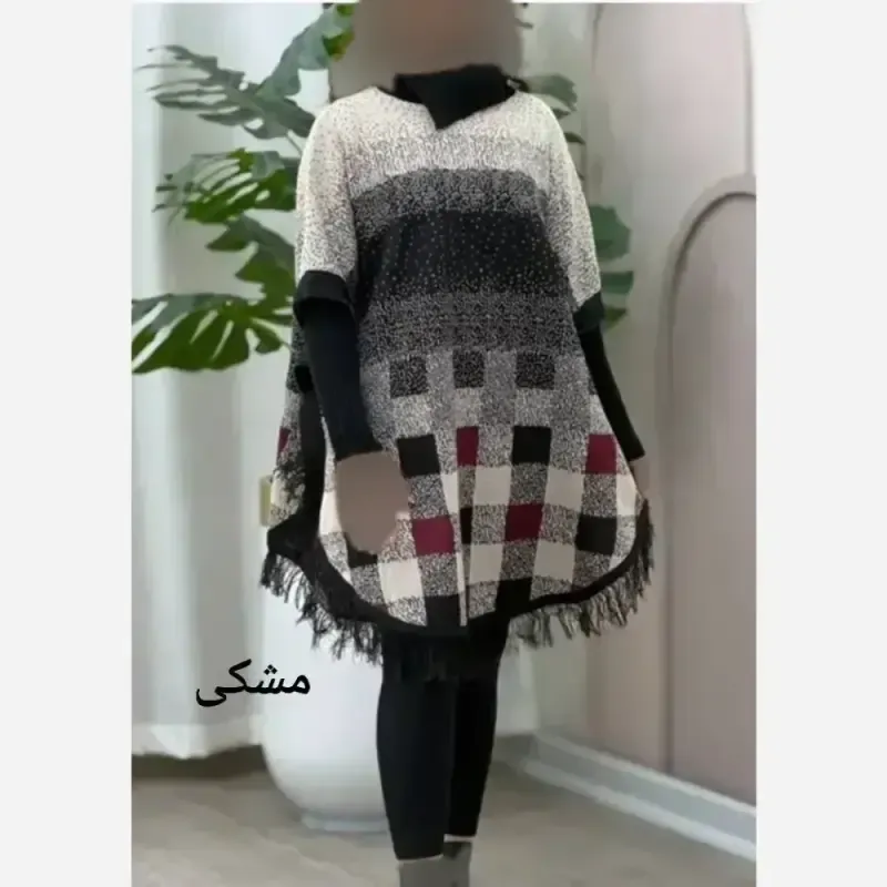 پانچ بافت طرح برفی زنانه آستین کشبافت فری سایز پاییزه و زمستانه
