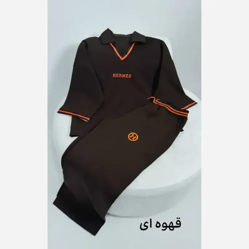 ست تیشرت شلوار هرمس جنس دبل مازراتی گرم بالا پاییزه فری سایز