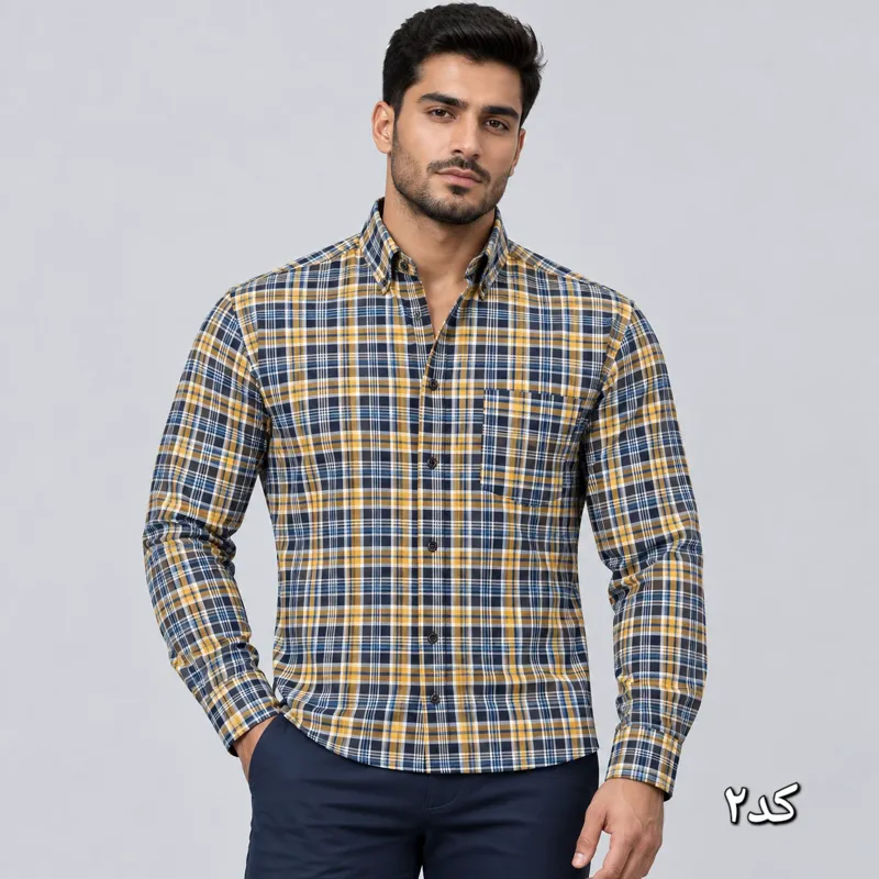 پیراهن چهارخانه مردانه آستین بلند قواره آزاد جنس تترون سایز L تا 2XL